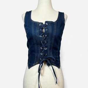 Lone Star Denim Lace Up Corset Vest Top Lace Up Womens M Boho Western Cowgirl